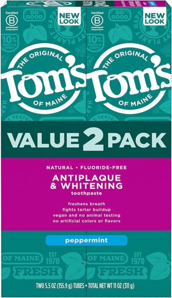 Toms of Maine Fluoride-Free Antiplaque  Whitening Natural Toothpaste, Peppermint, 5.5 oz. 2-Pack (Packaging May Vary)
